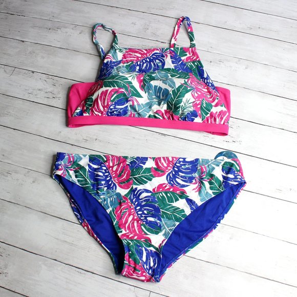 Decree Women's Bikini Swim Top Bottoms Plus Size 0X 14W Blue Pink Floral - Picture 1 of 9